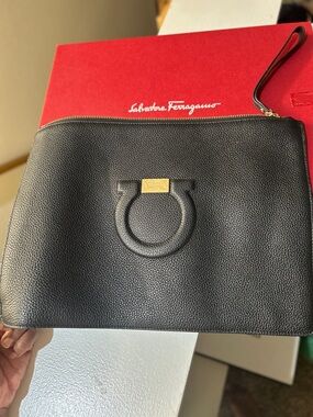 Salvatore Ferragamo Black Pebbled Leather Wristlet Clutch